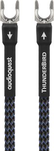 Cavo phono ThunderBird GroundGoody 1,5m, vista frontale, connettori in metallo argentato, rivestimento intrecciato nero e blu, scritte bianche