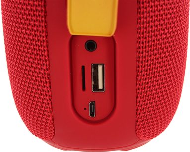 Bluetooth-højttaler Yourban Getone 25 rød, set forfra, mesh-stof, USB-porte, mikro-USB, lydindgang, SD-kortslot