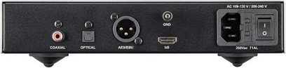 Lettore CD Nuprime CDT-8 Pro argento, vista posteriore, connettività audio e alimentazione, interruttore, display LED