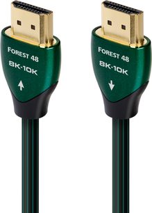 Dva HDMI kabely Audioquest Forest 48 8K 10K zeleno-černé, pozlacené konektory, pohled zepředu, vertikálně, vedle sebe