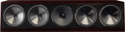 Paradigm Founder 90C center channel speaker in dark cherry wood finish, front view, 5 circular black speakers on a rectangular dark wood cabinet