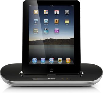 Philips DS7700 sort dockingstation til iPad, set forfra, med tændt skærm der viser app-ikoner