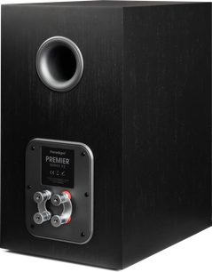Diffusore da scaffale Paradigm Premier 220B v2 nero vista posteriore di tre quarti con condotto circolare e doppi morsetti