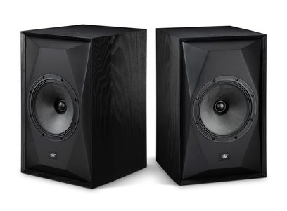 Paire d’enceintes bibliothèque Mofi Electronics SourcePoint 8 noires, façade géométrique et coffret en bois