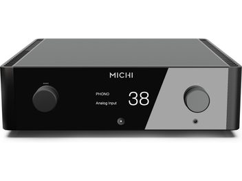 Інтегрований стерео підсилювач Michi X3 Series 2, вид спереду, прямокутний корпус, 2 круглих кнопки, центральний цифровий дисплей