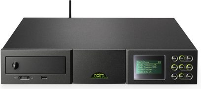 Naim Audio Uniti sort højfidelitetssystem, frontvisning, med cd-afspiller, LCD-skærm, knapper og tilslutninger