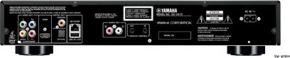 Yamaha BD-S673 sort 4K Blu-ray-afspiller, set forfra, tilslutninger på bagsiden, knapper og indikatorer på forsiden