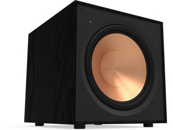 Klipsch R-121SW kubisk subwoofer i mat sort, stor rund kobberhøjttaler, set forfra