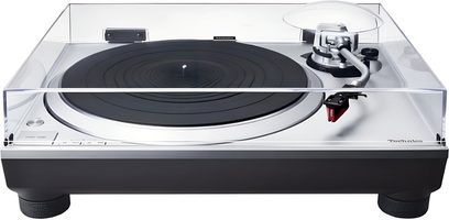Giradischi hi-fi Technics SL-1500CEG-S argento, vista dall'alto, piatto nero, braccio di lettura, controlli e piedini isolanti