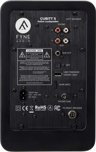 Chytrý reproduktor Fyne Audio Cubitt 5 černý, pohled zezadu s phono, HDMI ARC, USB a sub out vstupy