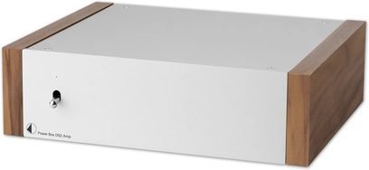 Externe voeding Pro-Ject Power Box DS2 Amp zilver en walnoot, rechthoekige behuizing met schakelaar aan de voorzijde