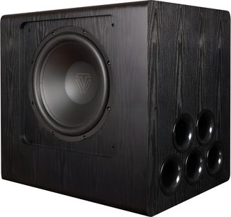 Tonewinner SW-D8000 sort subwoofer, kabinet i træ, frontmonteret højttaler og fem runde sidebaserede porte
