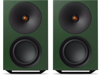 Coppia di diffusori Cambridge Audio L/R X verdi, visti frontalmente, con altoparlanti neri e centri arancioni
