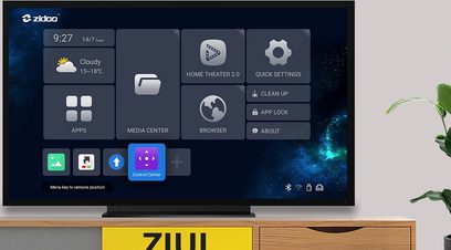 Fladskærms-tv, der viser brugergrænsefladen på en Zidoo Z9X multimedie-afspiller med apps, browser og indstillinger