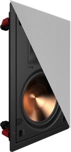 Schwarzer Klipsch PRO-180-RPW Wandeinbaulautsprecher mit abnehmbarem weißem Gitter und sichtbarem kupferfarbenem Lautsprecher