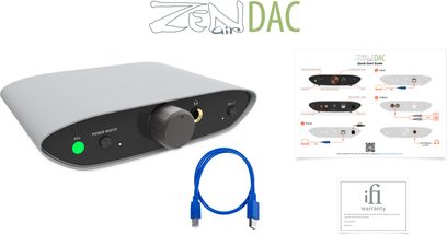 Juodas iFi Zen Air Dac garso keitiklis (DAC), vaizdas iš viršaus, su mėlynu USB kabeliu ir jungčių schema buklete