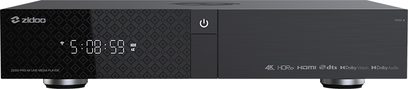 Zidoo Z2000 PRO sort multimedie-afspiller, set forfra, blå LED-display, to drejeknappper til højre