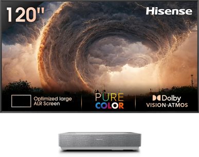 Hisense 120L5HA projektor med 120-tommer ALR-skærm, lysstærkt tornado-billede, rektangulært kabinet i grå finish