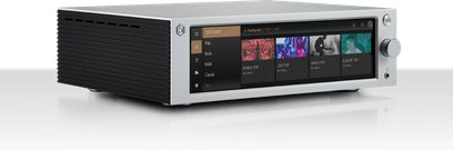Rose RS250 sølvfarvet netværksaudioafspiller, frontvisning, funktionsvisning på farvedisplay, sort front