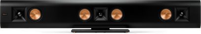 Boxă de perete Klipsch RP-440D SB neagră în format bară de sunet cu patru difuzoare cuprate văzute din față