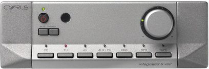 Integreret Cyrus 6 VS2 stereo hi-fi-forstærker i grå metal, frontpanel med knapper, jackstik og LED, set forfra