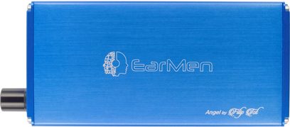 Convertitore audio portatile EarMen Angel blu, vista dall’alto, con comando rotativo laterale nero