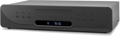 Reproductor de CD de alta fidelidad Atoll Electronique DR200 Evolution negro, vista frontal, carcasa rectangular, pantalla digital central, botones circulares a la izquierda y a la derecha, ranura para disco encima de la pantalla.