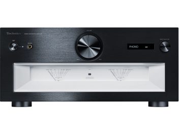 Zintegrowany wzmacniacz stereo hi-fi Technics SU-R1000E-K w kolorze czarnym, widok z przodu, dwa analogowe wskaźniki poziomu, przyciski i złącza