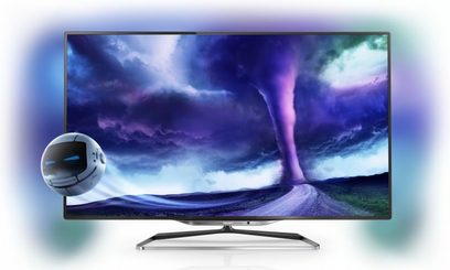 Philips 55PFL8008K-tv, der viser et landskab med en voldsom lilla tornado på en øde vej, indbyggede højttalere