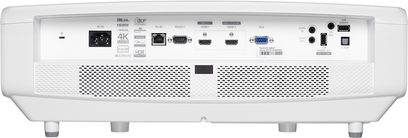 Optoma UHZ65LV hvid videoprojektor, set forfra, tilslutninger på bagsiden, ventilationsgitre på siderne