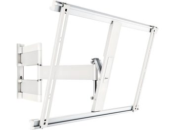 Supporto TV da parete bianco con doppio braccio articolato, staffe a muro e meccanismi di regolazione visibili, vista frontale