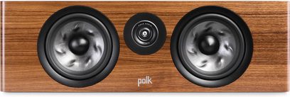 Centrální reproduktor Polk Audio R400 ořech s dvěma černými kruhovými reproduktory a černým centrálním tweeterem na dřevěné čelní straně
