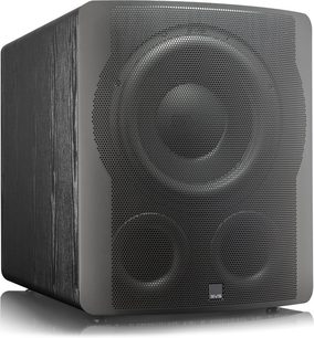 SVS PB-3000 baskabin i sort ask, set forfra, kubisk form, mørk træfinish, perforeret sort gitter