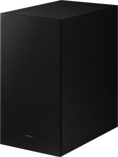 Samsung HW-Q60B/ZF sort soundbar, set forfra, rektangulær form med afrundede hjørner, mat og ensartet overflade