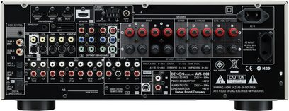 Denon AVR-1909 thuisbioscoopversterker, vooraanzicht, vele audio- en video-ingangen, instelknoppen en -draaiknoppen
