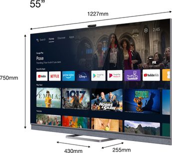 TCL 55C821 55-tommer fladskærms-TV, brugergrænseflade med streaming-apps og film, set forfra