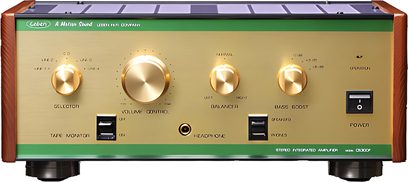 Leben CS300F rør-hi-fi-forstærker, gylden frontpanel, 4 gyldne drejeknapper, sort vippekontakt, sorte jackstik