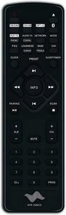 Zwarte Taga Harmony HTR-1500CD afstandsbediening met knoppen voor audio-, netwerk-, modus-, equalizer-, timer-, volume- en numerieke functies