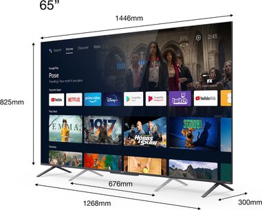 TCL 65C721 65" fladskærms-TV, smal sort ramme, dobbelt metalfod, viser app-thumbnails
