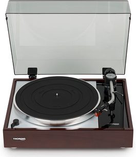Thorens TD 1500 lackerad valnötsskivspelare, svart tallrik, tonarm, pickup, tonarmslyftenhet, transparent dammskyddskåpa