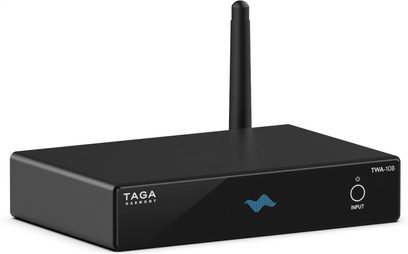 Taga Harmony TWA-10B sort netværksaudioafspiller, frontvisning, rektangulær form, minimalistisk front med blåt logo og jackstik