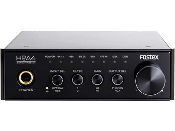 Fostex HP-A4 črn slušalčni predojačevalnik, sprednji pogled, z gumbi, priključki in izbirniki na sprednji strani