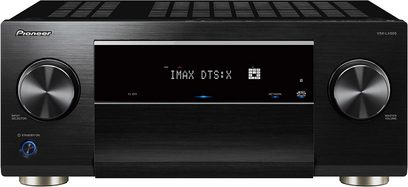 Pioneer VSX-LX505 sort home-cinema-forstærker, sort, aluminiumsfront, blåt display, drejelige knapper, set forfra