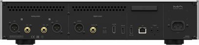 Lettore audio di rete Matrix Audio MS-1c, vista posteriore nera con uscite XLR/RCA, porte USB, LAN e ingresso di alimentazione