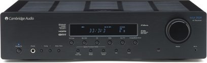 Cambridge Audio Azur 351R sort hjemmebiografsforstærker, frontpanel, frontvisning, knapper, digitalt display, hovedtelefonstik