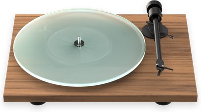 Toca-discos hi-fi Pro-Ject T1 EVO Phono nogueira com prato de vidro translúcido, braço de leitura preto e base de madeira