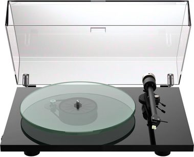 Hi-fi platenspeler Pro-Ject T2 Super Phono met transparante glazen draaitafel, zwarte toonarm en opklapbare plastic afdekking