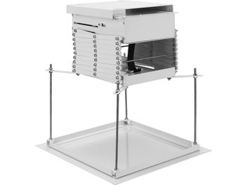 Soporte para videoproyector Norstone Pro Vision Lift en metal blanco mate, mecanismo elevador de tijera remachada sobre marco cuadrado suspendido, vista tres cuartos frontal
