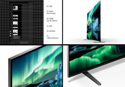 Bak- och sidovy av en TV med 2 USB-portar, 4 HDMI, 1 LAN, 2 satellit, 1 antennkabel, tunn skärm
