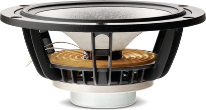 Focal Sopra N°1 Regal-Lautsprecher in schwarzem Hochglanz, Seitenansicht, grauer Kegel, gelbe Aufhängung, schwarzer Rahmen, Metallbasis